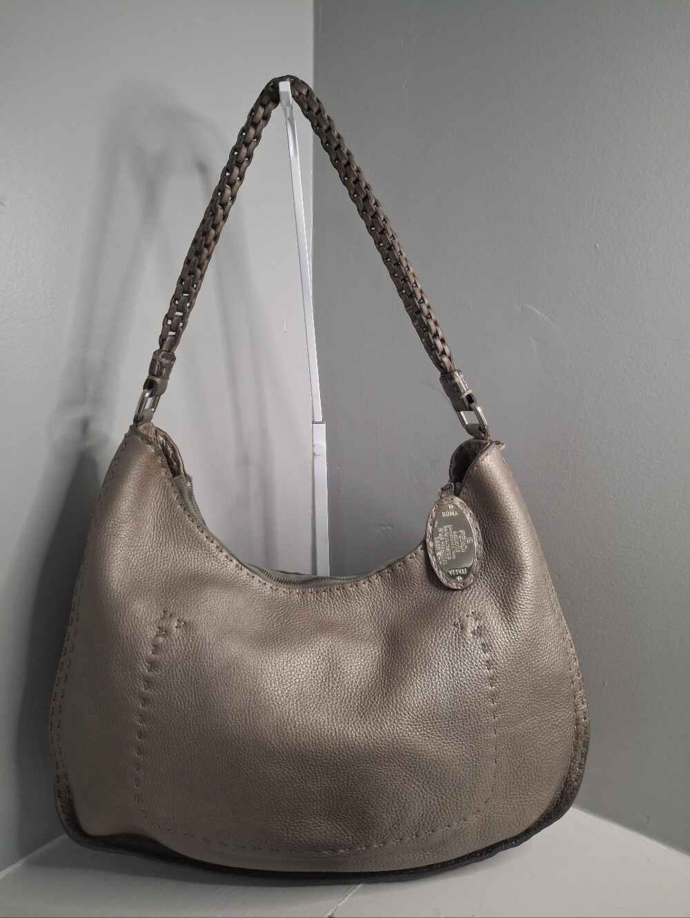 Fendi Selleria Vintage Leather Hobo Shoulder Bag in Metallic Taupe